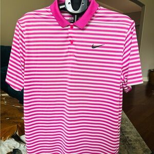 Nike Men's Pink and White Striped Polo Shirt